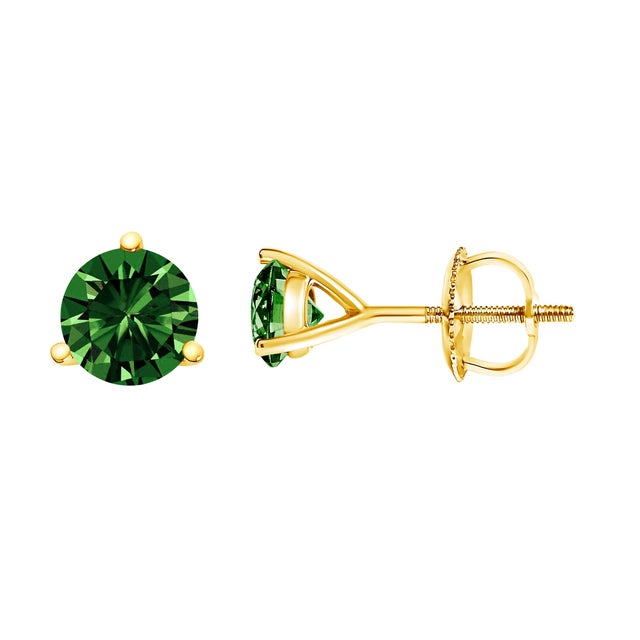 Contemporary 14K Yellow Gold 1 1/2 Cttw 3-Prong Martini Set Lab Grown Green Diamond Solitaire Stud Earrings For Sale - Image 3 of 4