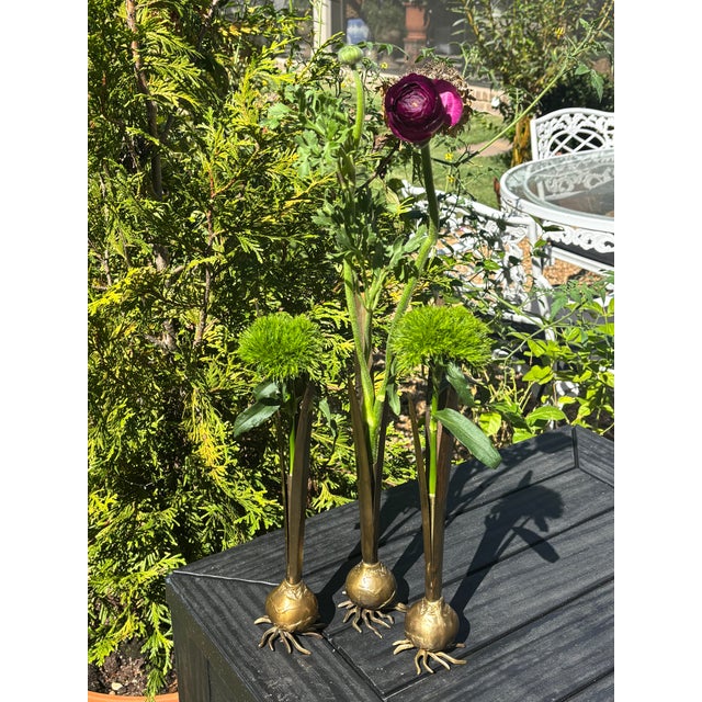Vintage Italian Carnevale Brass Botanical Bulb Bud Vases - Set of 3 For Sale - Image 12 of 17