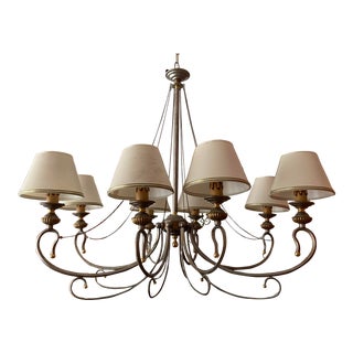 Silver and Gold Brass Chandelier With 8 Lights and Fabric Shades For Sale