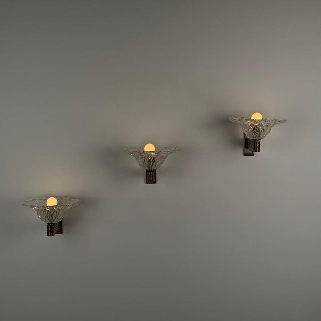 Bullicante Glass Wall Sconces by Barovier & Toso for Erco, 1940s, Set of 3 For Sale - Image 3 of 16