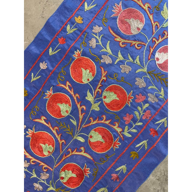Blue Silk Suzani Table Runner With Pomegranate Vine For Sale - Image 10 of 10