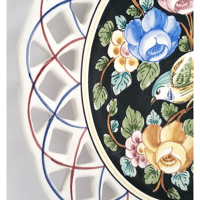 Ceramic Porcelain Hand Painted Porcelain Wall Plate With Flowers & Bird, 1973, Signed For Sale - Image 7 of 10