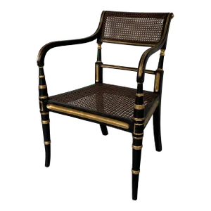 Antique Early 19th Century English Regency Ebonized, Gilt & Caned Side Arm Chair Circa 1810