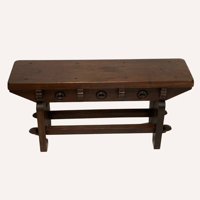 Mid-Century Spanish Brutalist Neo Gothic Style Oak Bench Side Table or Console For Sale - Image 10 of 13