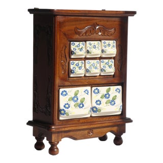 Antique Dutch Farmhouse Wooden Ceramic Floral Spice Cabinet, 1950s For Sale