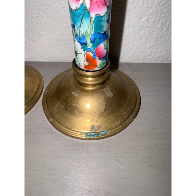 Late 20th Century Vintage Chinoiserie Brass and Cloisonné Enamel Candlestick Holders - Pair For Sale - Image 6 of 9