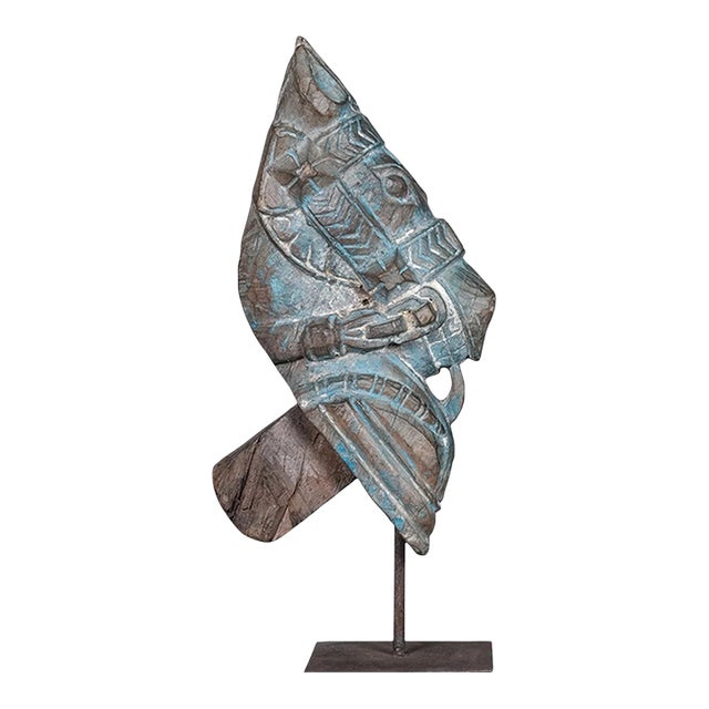 Hand Carved Wood Horse Corbel on Stand | Rustic Farmhouse Table Decor | Distressed Blue Vintage Equestrian Sculpture | Horse Lover Gift For Sale