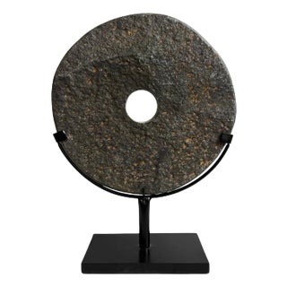 Vintage Modern Minimalist Black Stone Chiseled Disk on Stand Medium For Sale