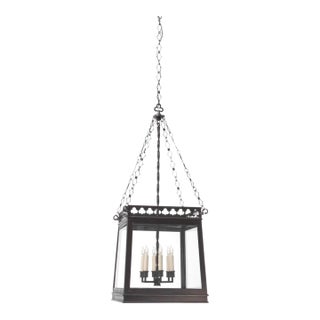 e.f. Chapman Square Black Iron Lantern With Clover Detail, Ornate Chain, Six Candelabra Lights For Sale