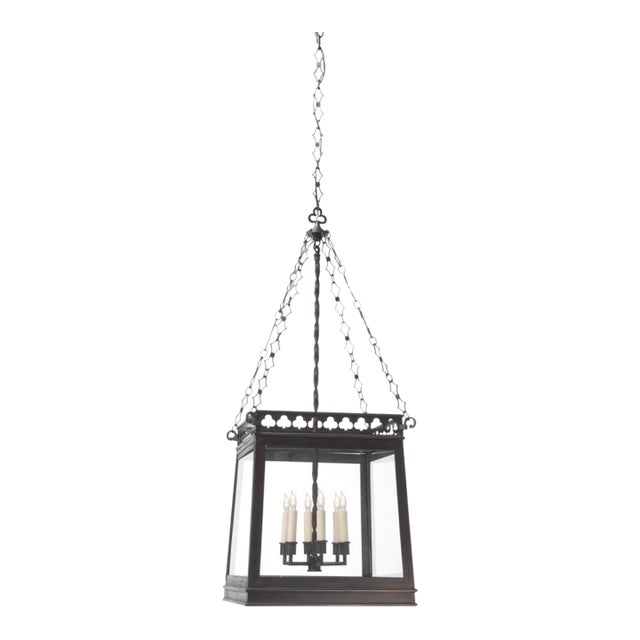 e.f. Chapman Square Black Iron Lantern With Clover Detail, Ornate Chain, Six Candelabra Lights For Sale