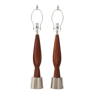 1960's Mid-Century Modern Chrome and Walnut Table Lamps by Laurel For Sale