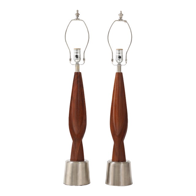 1960's Mid-Century Modern Chrome and Walnut Table Lamps by Laurel For Sale