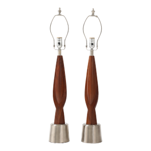 1960's Mid-Century Modern Chrome and Walnut Table Lamps by Laurel