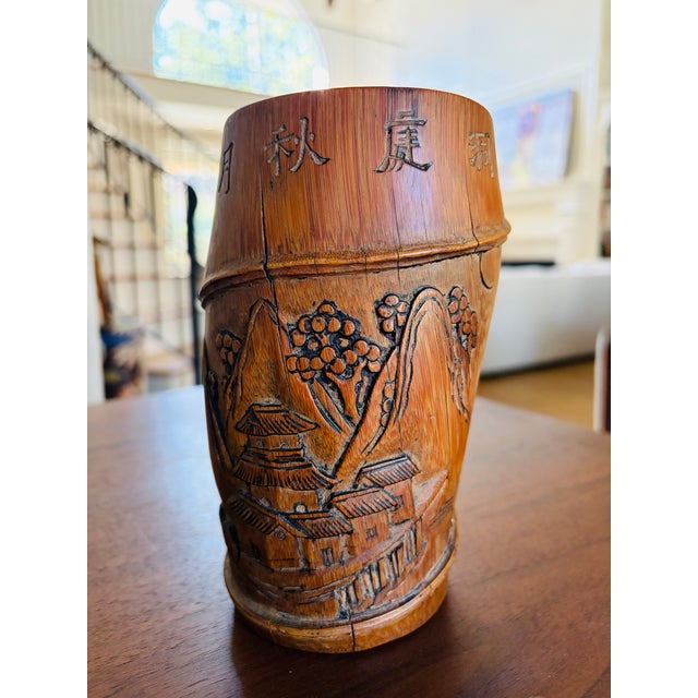 Asian Antique Chinese Carved Bamboo Brush Pot Bitong Qing Dynasty Scholar Landscape 6.5" For Sale - Image 3 of 14