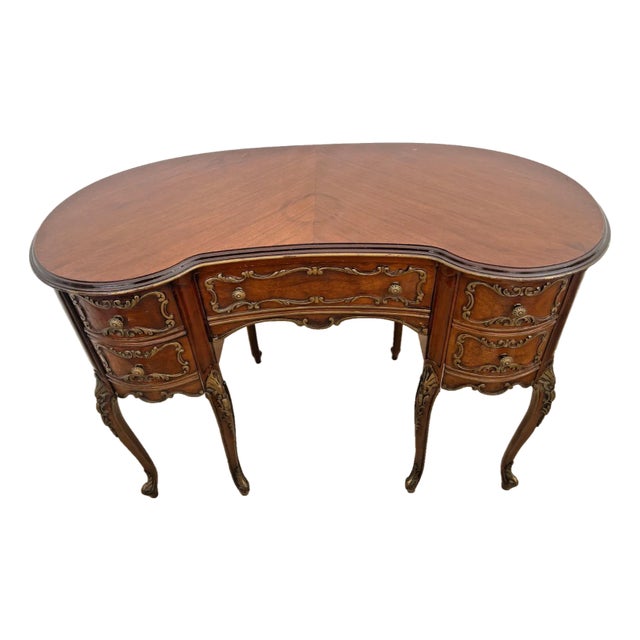Vintage French Desk Kidney Shaped Vanity Four Carved Drawers Petite Size For Sale