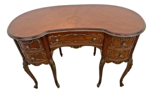 Vintage French Desk Kidney Shaped Vanity Four Carved Drawers Petite Size