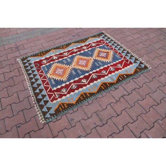1970s Mid-Century Modern Geometric Blue Kilim Rug Size: 3.9 x 5.3 ft (119 X 161 cm) 47 x 63 inches Color: Navy Blue, Baby...