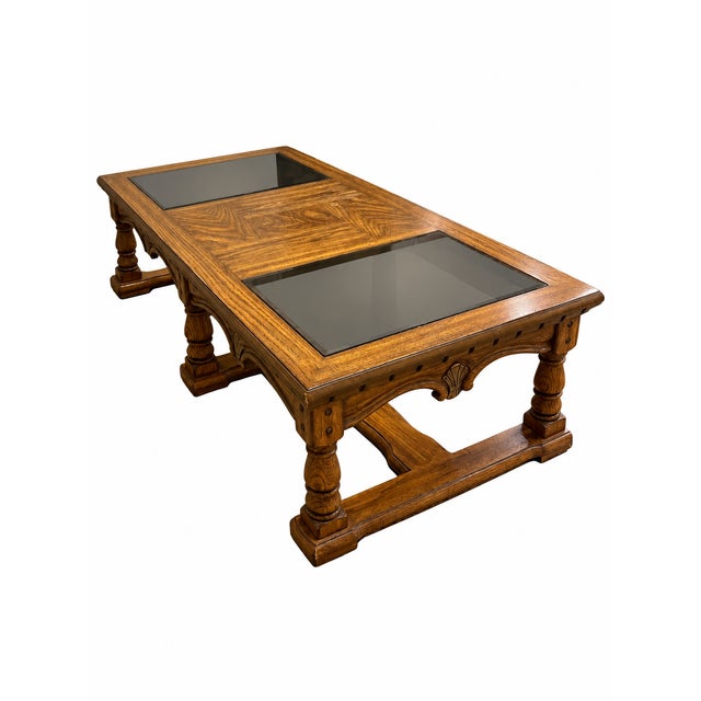 Vintage Mediterranean Revival Parquet-Pattern Wood and Smoked Glass Coffee Table For Sale - Image 11 of 18