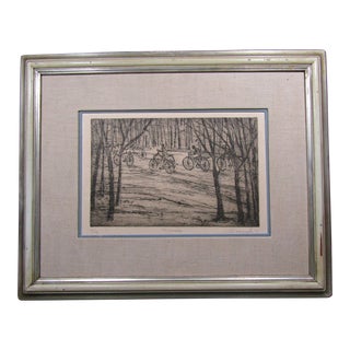 1970s Signed William Benecke "The Cyclists" Limited Edition Etching Aquatint Drypoint 51/100 Art Print, Framed For Sale