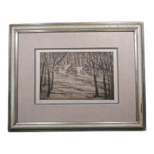 1970s Signed William Benecke "The Cyclists" Limited Edition Etching Aquatint Drypoint 51/100 Art Print, Framed