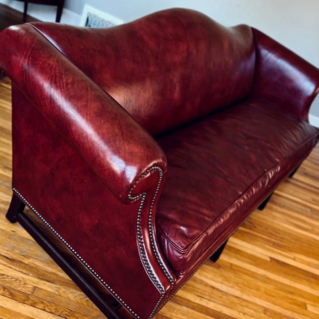 American Mid 20th Century Gunlocke Oxblood Leather Camelback Sofa With Nailhead Trim For Sale - Image 3 of 13
