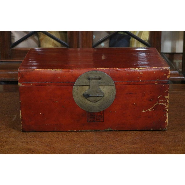 Brick Red Chinese Red Leather Trunk For Sale - Image 8 of 8