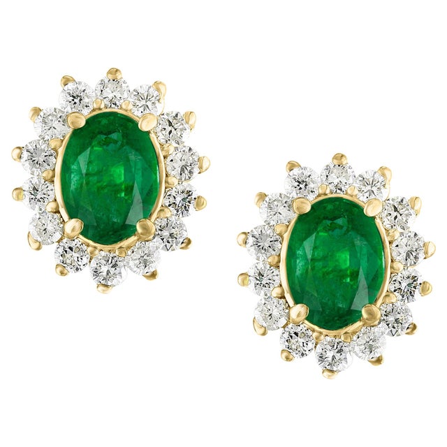 4 Ct Oval Shape Emerald & 1.5 Ct Diamond Post Back Earrings 14 Karat Yellow Gold For Sale - Image 15 of 18