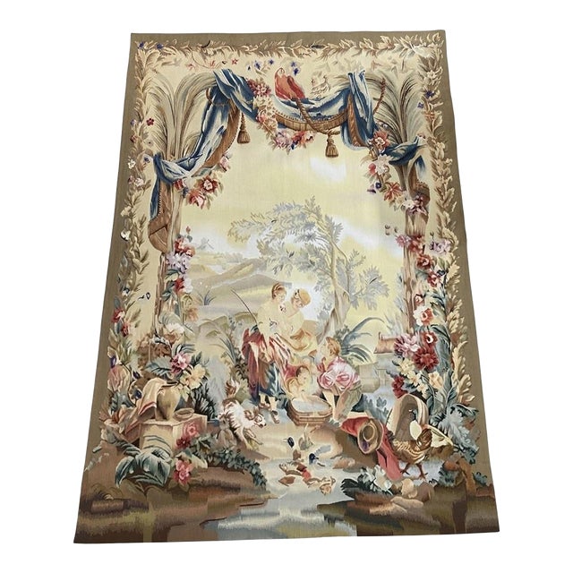 Large Vintage Figural Aubusson Pastoral Tapestry 50” X 72” Appearing to Be Handwoven Wool - A True Focal Point, Statement Piece - See Pics! For Sale