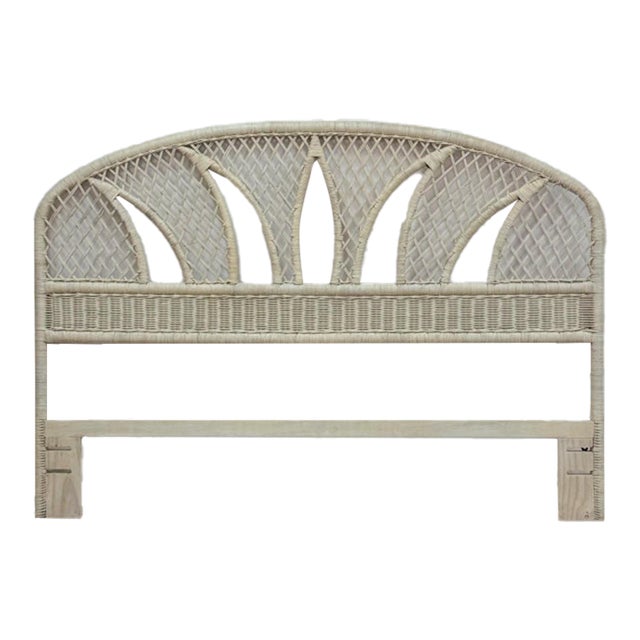 Vintage White Wicker Arched Queen Headboard Coastal Boho Hollywood Regency For Sale