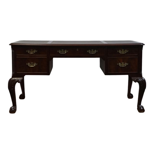 Hekman Furniture Solid Mahogany Traditional Chippendale Style 58" Writing Desk W. Tooled Leather Top For Sale