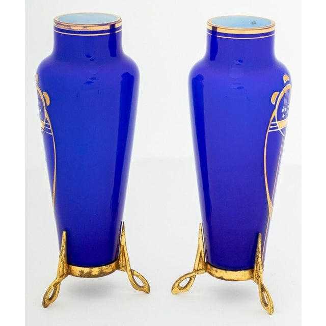 Art Nouveau Austrian Secessionist Cobalt Blue Glass Vases, Pair For Sale - Image 3 of 5