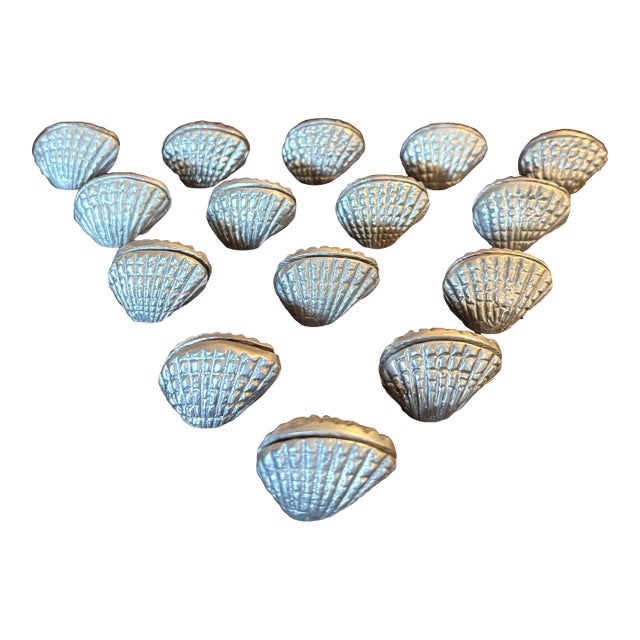 Vintage Bombay Company Silver Toned Coastal Clam Shell Place Card Holders — Set of 15 Palm Beach Regency Coastal Dinner Party Must Have For Sale