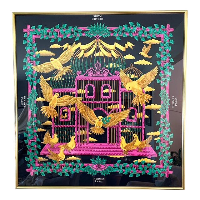 Vintage Framed Silk Hermes Carre "Doves of Peace" Scarf For Sale