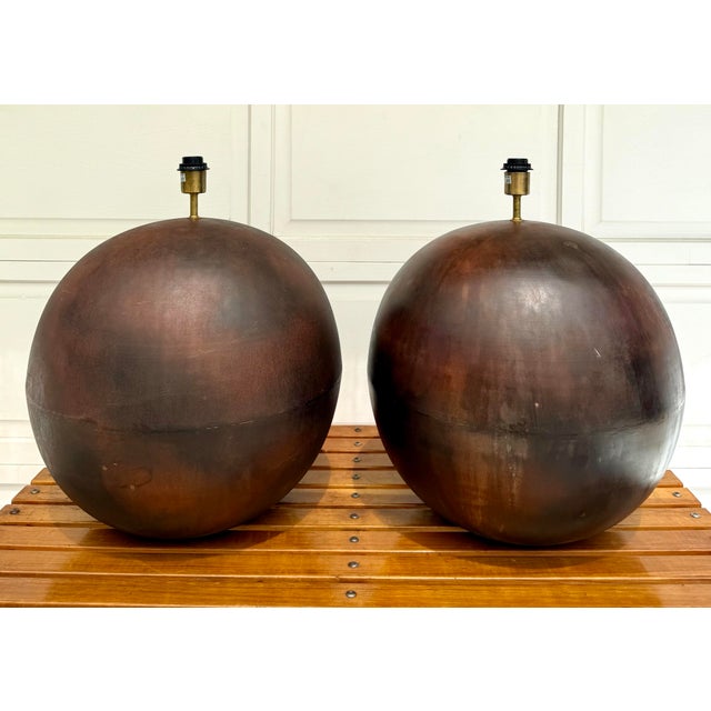 Pair of Impressive Robert Kuo Inspired Rustic Patinated Copper Sphere Lamps For Sale In Los Angeles - Image 6 of 11