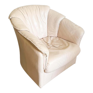 1980s Milo Baughman Style Cream Leather Barrel Back Swivel Chair