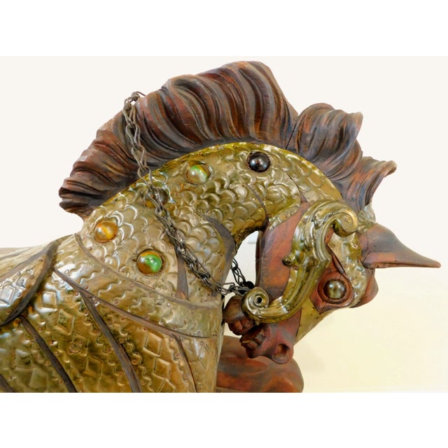 Wood Large Mid Century Elaborate Hand Carved Solid Wood & Brass Jeweled Equestrian Horse Art Sculpture For Sale - Image 7 of 11
