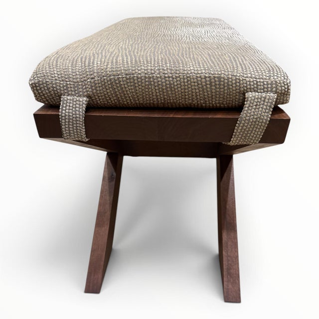 Contemporary Upholstered Custom Teak X-Form Bench For Sale - Image 3 of 5