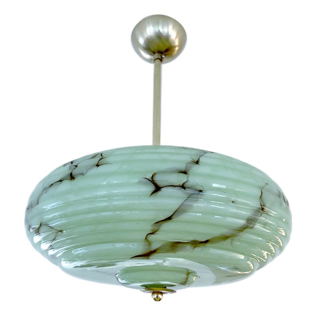 Art Deco Pendant Light in Green Marble Glass, 1930s For Sale