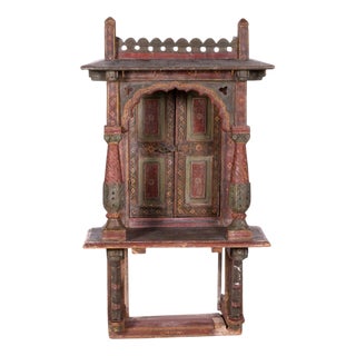 Antique Indian Temple in Teak Wood with Hand-Carved Decor and Paintings For Sale