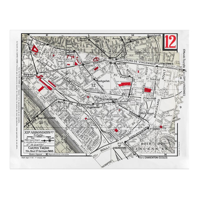 1959 Original Cartes Tarides Map of Paris, XII Arrondissement For Sale