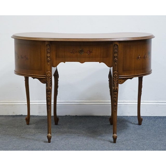Vintage Antique Solid Walnut Louis XV French Provincial 42" Kidney Vanity Table W. Hand Painted Floral Accents For Sale - Image 10 of 13