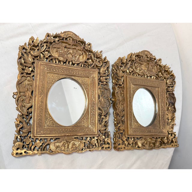 Pair of Antique Ornate Hand Carved Chinese Gilt Wooden Wood Wall Mirrors Frames For Sale - Image 4 of 15