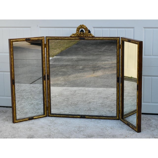 Vintage French Carved Walnut Tri Fold Mirror W/Gold Highlights For Sale In Philadelphia - Image 6 of 12