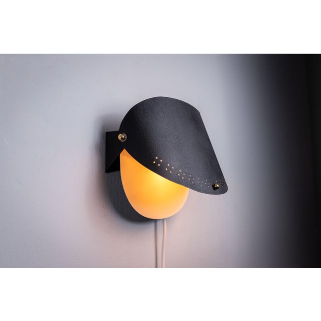 Matte Black Wall Lamps with Perforated Shades and Brass Details, Set of 2 For Sale - Image 9 of 16