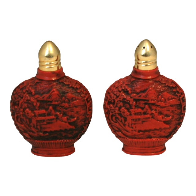 Vintage 1950s Asian Red Carved Snuff Bottles Plastic Salt & Pepper Shakers For Sale