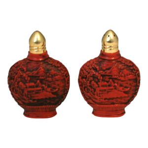 Vintage 1950s Asian Red Carved Snuff Bottles Plastic Salt & Pepper Shakers