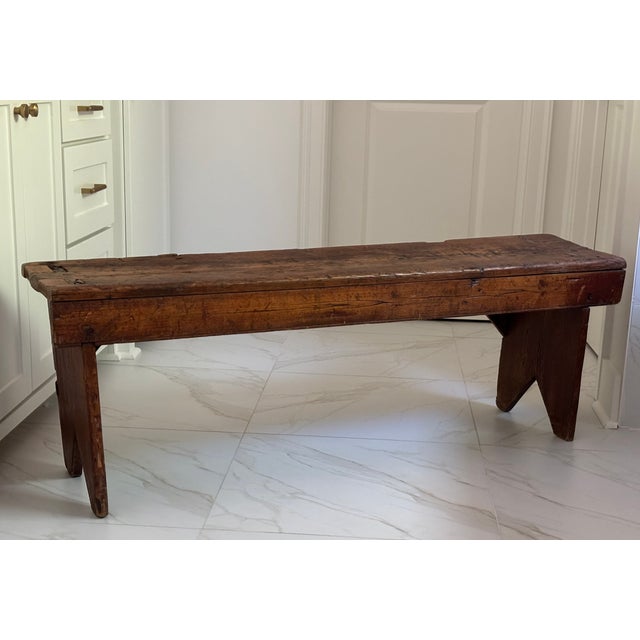 Antique Early American Americana Primitive Plank Wood Farm Bench, 19th Century For Sale - Image 4 of 18
