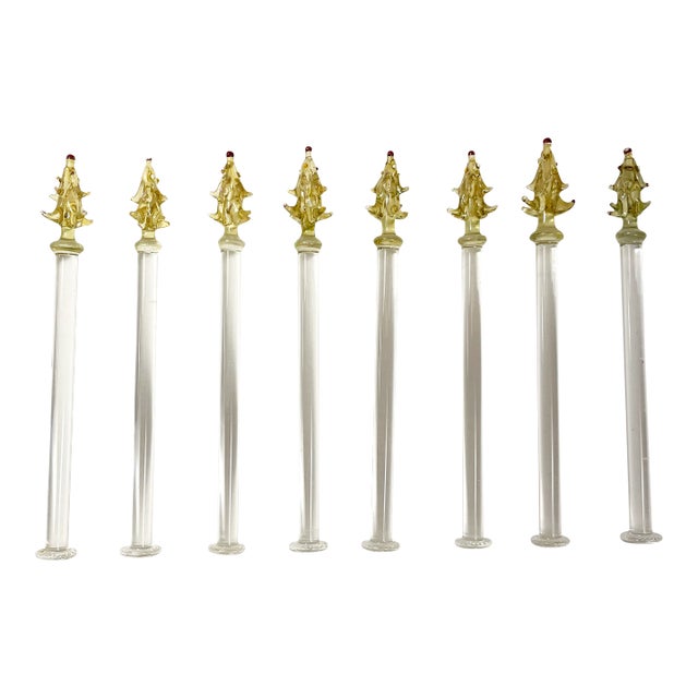Mid 20th Century Vintage Blown Glass Christmas Tree Swizzle Sticks - Set of 8 For Sale
