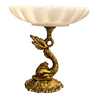 1950’s Art Deco Brass Koi Fish Marble Milk Glass Pedestal Tray For Sale