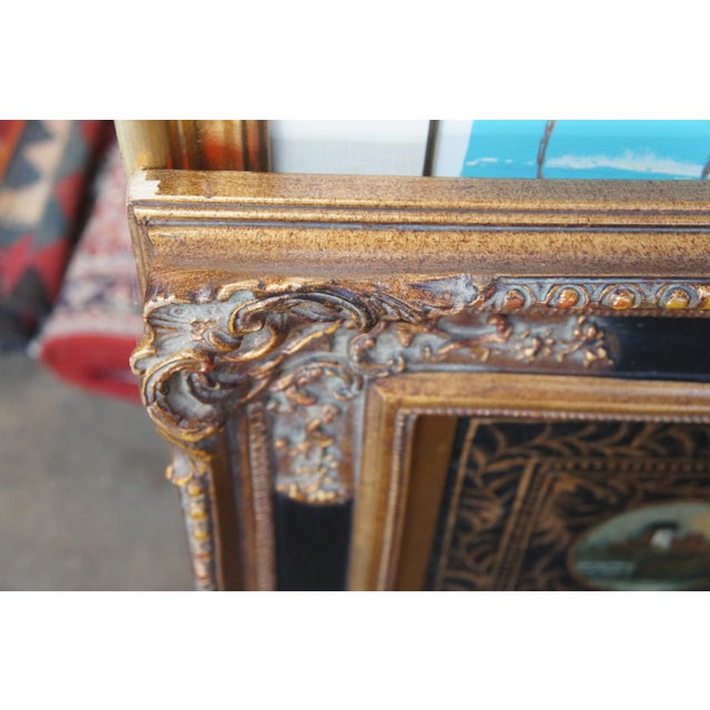 Vintage Tole Hand Painted Woodland Cottage Landscape Framed Metal Toleware 47" For Sale - Image 9 of 12